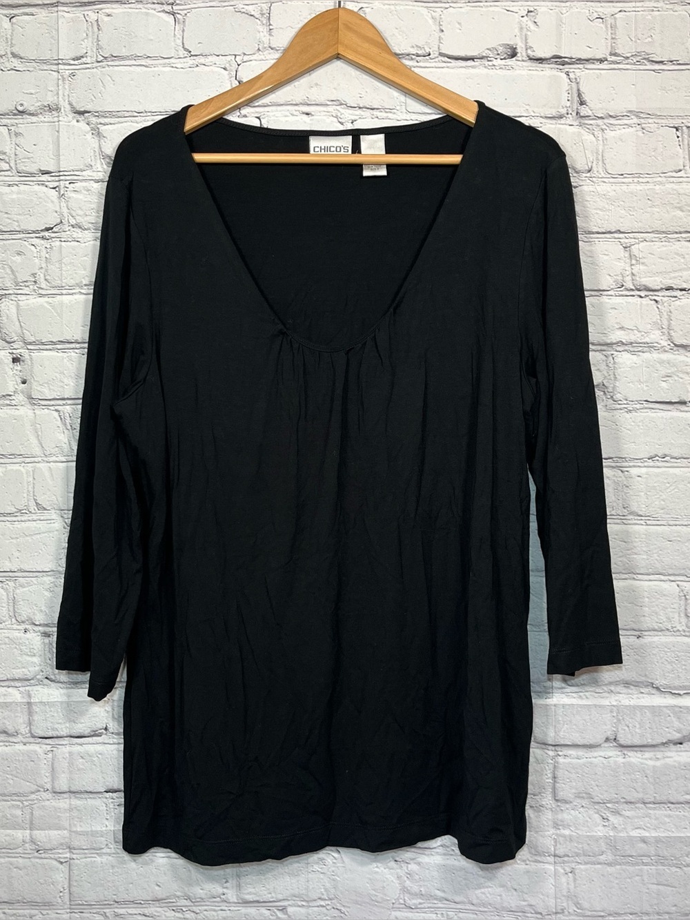 Chico’s Shirt Womens Size 3 Black Scoop Neck Pullover Blouse Top 3/4 Sleeve